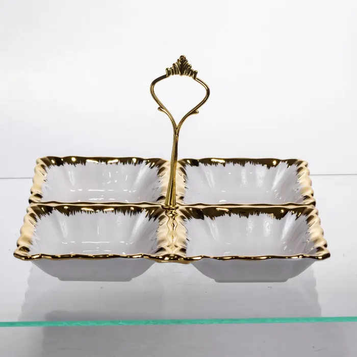 Менажниця порцелянова на 4 секції для закусок тарілка менажниця 22.5×22.5×3 (см) менажниця з ручкою Білий з золотом LC-BYL-101 (LC-BYL-101) - зображення 2