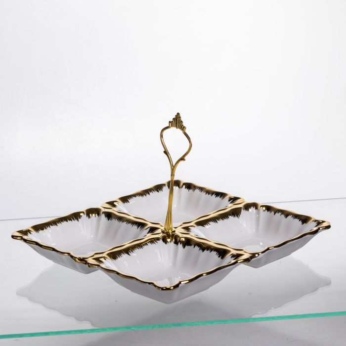 Менажниця порцелянова на 4 секції для закусок тарілка менажниця 22.5×22.5×3 (см) менажниця з ручкою Білий з золотом LC-BYL-101 (LC-BYL-101) - изображение 3