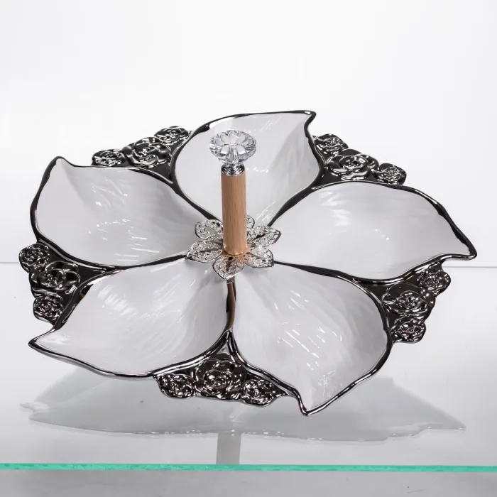 Менажниця порцелянова на 5 секцій для закусок тарілка менажниця 30×30×13 (см) Білий з сріблом 918-44S (918-44S) - зображення 1