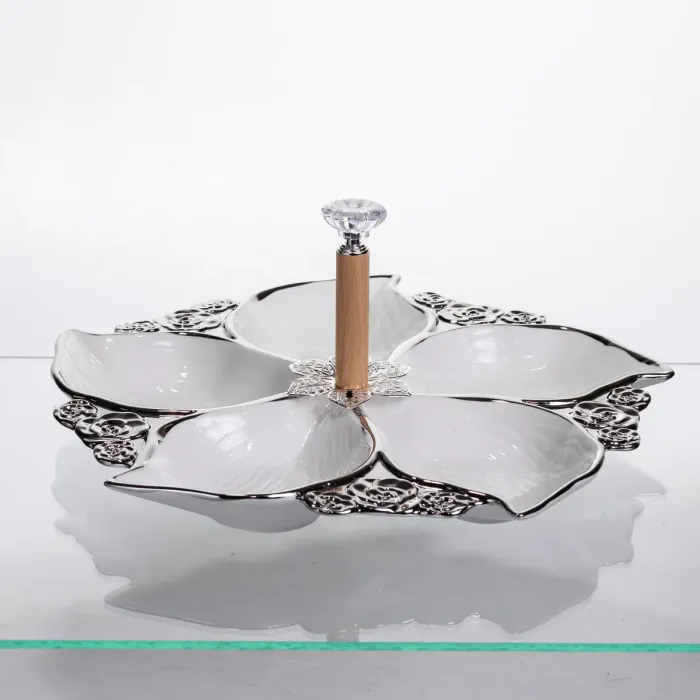 Менажниця порцелянова на 5 секцій для закусок тарілка менажниця 30×30×13 (см) Білий з сріблом 918-44S (918-44S) - зображення 2