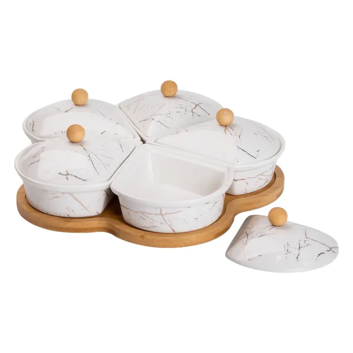 Менажниця керамічна на підставці, що обертається, 5 секцій біла HP-1217 (HP-1217) - изображение 6