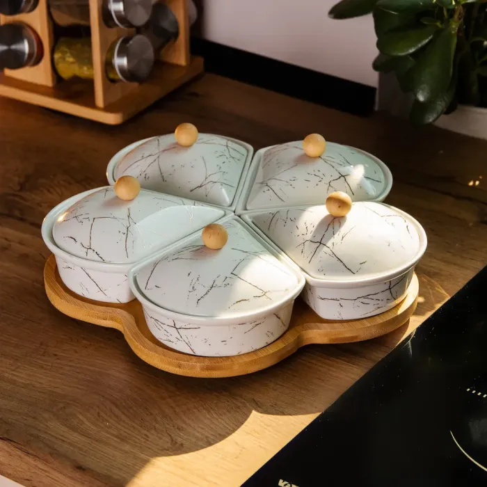 Менажниця керамічна на підставці, що обертається, 5 секцій біла HP-1217 (HP-1217) - изображение 7