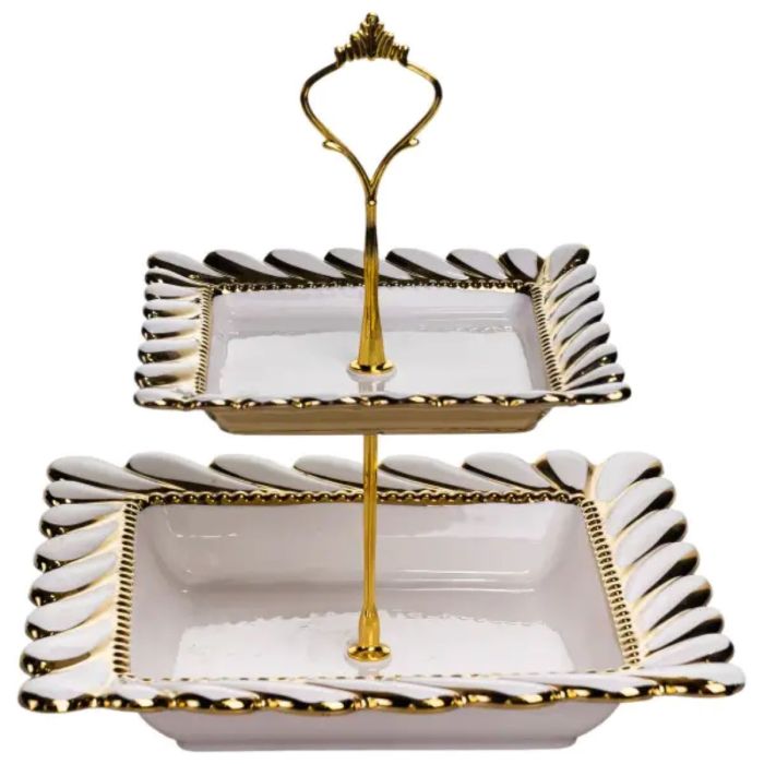 Фруктовниця квадратна 23х23х23 см двоярусна порцелянова стійка для закусок біла ML2086 (ML2086) - изображение 1