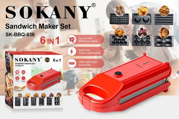 Мультипекар 6 в 1 Sokany SK-BBQ-836 700 Вт антипригарне покриття Червоний (SK-BBQ-836) - зображення 4