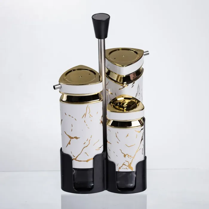 Набір баночок для спецій і рідких текстур 4 предмети на підставці білий мармур HP-1331 (HP-1331) - зображення 2