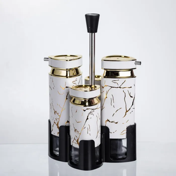 Набір баночок для спецій і рідких текстур 4 предмети на підставці білий мармур HP-1331 (HP-1331) - зображення 3