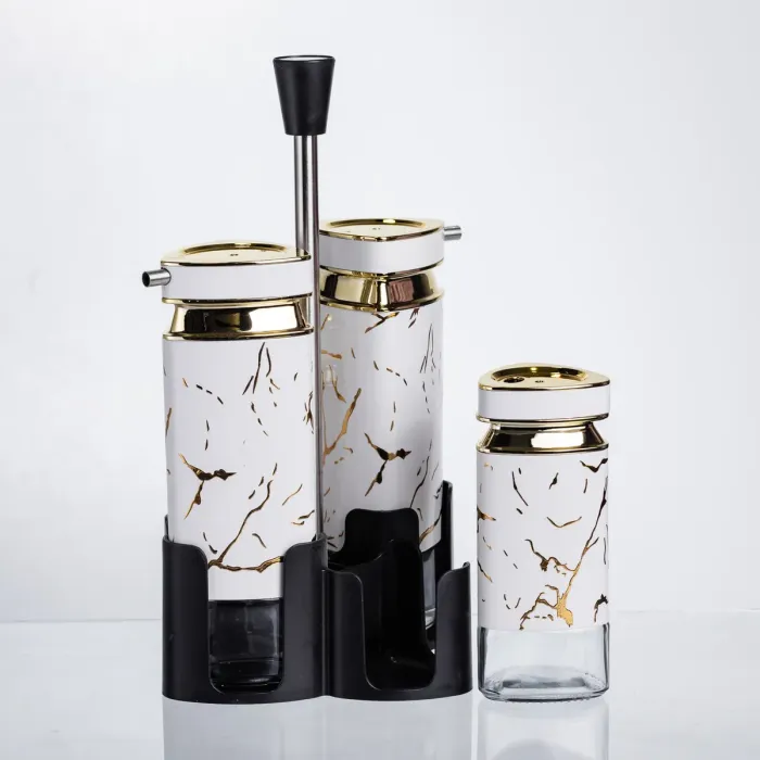 Набір баночок для спецій і рідких текстур 4 предмети на підставці білий мармур HP-1331 (HP-1331) - зображення 4