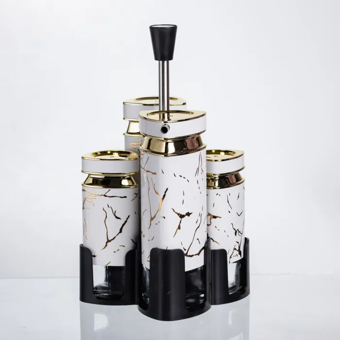 Набір баночок для спецій і рідких текстур 4 предмети на підставці білий мармур HP-1331 (HP-1331) - зображення 5