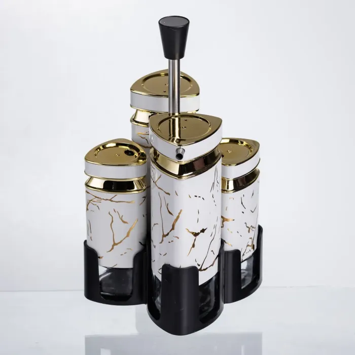Набір баночок для спецій і рідких текстур 4 предмети на підставці білий мармур HP-1331 (HP-1331) - зображення 6