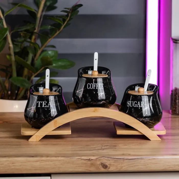 Набор банок для кофе чая по 500 мл с керамическими ложками на деревянной подставке. (HP1244) - изображение 1