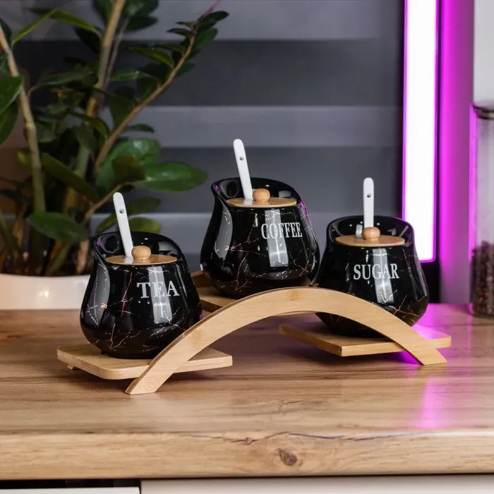 Набор банок для кофе чая по 500 мл с керамическими ложками на деревянной подставке. (HP1244) - изображение 3