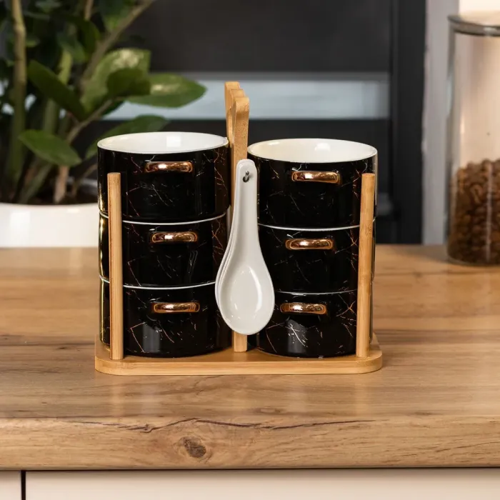 Набір бульйонниць 6 штук по 250 мл з ложками на дерев'яній підставці суповий сервіз (HP1233) - зображення 1