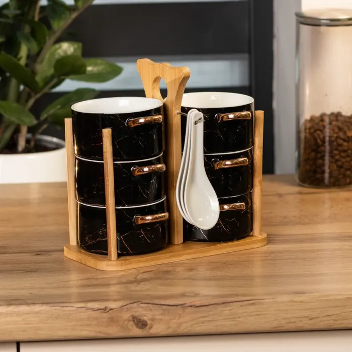 Набір бульйонниць 6 штук по 250 мл з ложками на дерев'яній підставці суповий сервіз (HP1233) - зображення 3