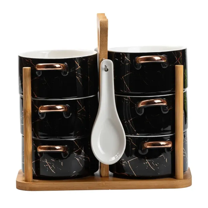 Набір бульйонниць 6 штук по 250 мл з ложками на дерев'яній підставці суповий сервіз (HP1233) - зображення 4