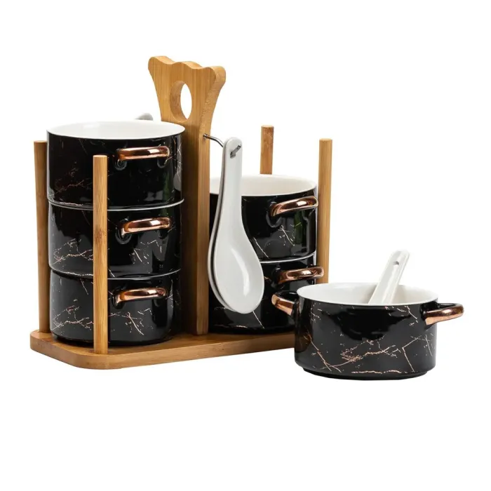 Набір бульйонниць 6 штук по 250 мл з ложками на дерев'яній підставці суповий сервіз (HP1233) - зображення 5