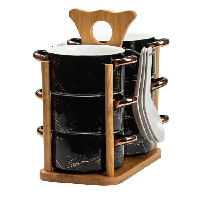 Набір бульйонниць 6 штук по 250 мл з ложками на дерев'яній підставці суповий сервіз (HP1233) - зображення 6