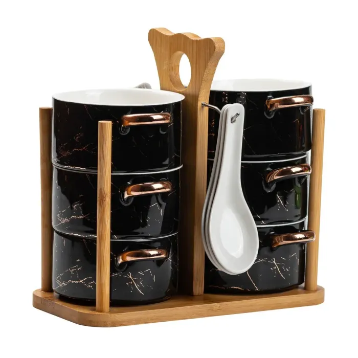 Набір бульйонниць 6 штук по 250 мл з ложками на дерев'яній підставці суповий сервіз (HP1233) - зображення 8