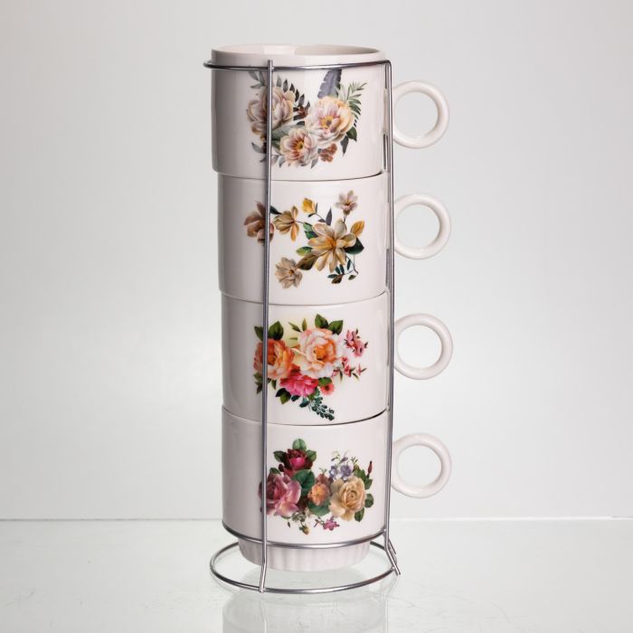 Набір чашок для чаю та кави на металевій підставці Flower 4 (шт) по 300 (мл) подарунковий набір порцелянових чашок FM-7 (FM-7) - зображення 2