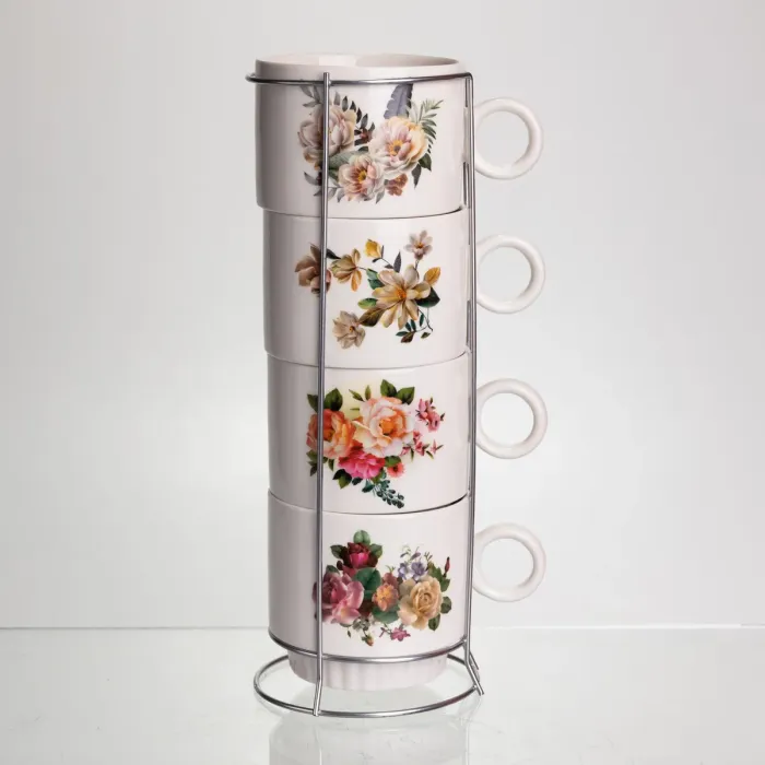 Набір чашок для чаю та кави на металевій підставці Flower 4 (шт) по 300 (мл) подарунковий набір порцелянових чашок FM-7 (FM-7) - зображення 2