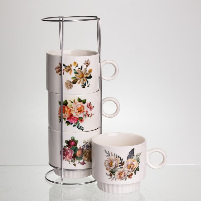Набір чашок для чаю та кави на металевій підставці Flower 4 (шт) по 300 (мл) подарунковий набір порцелянових чашок FM-7 (FM-7) - зображення 3