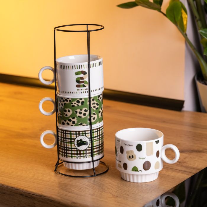 Набір чашок для чаю та кави на металевій підставці Lucky 4 (шт) по 300 (мл) подарунковий набір порцелянових чашок FM-16 (FM-16) - зображення 1