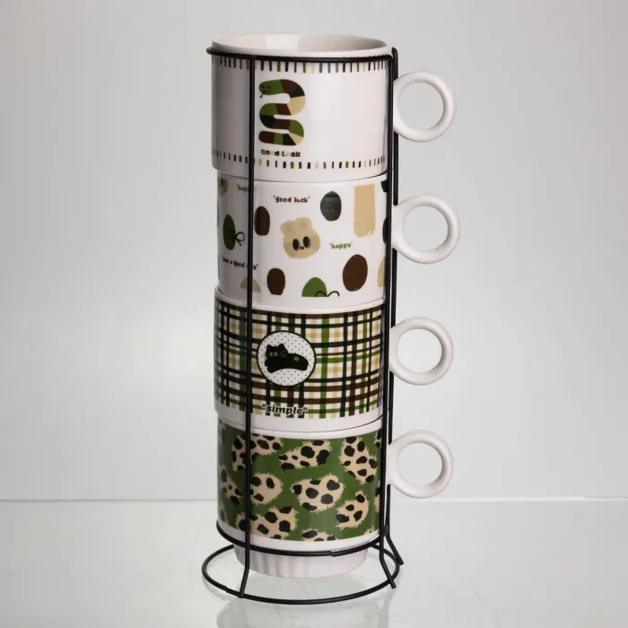 Набір чашок для чаю та кави на металевій підставці Lucky 4 (шт) по 300 (мл) подарунковий набір порцелянових чашок FM-16 (FM-16) - зображення 2