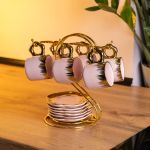 Набір чашок для кави на металевій підставці 6 (шт) по 100 (мл) подарунковий кавовий сервіз набір чашок Розовий із золотом FM-48 (FM-48)