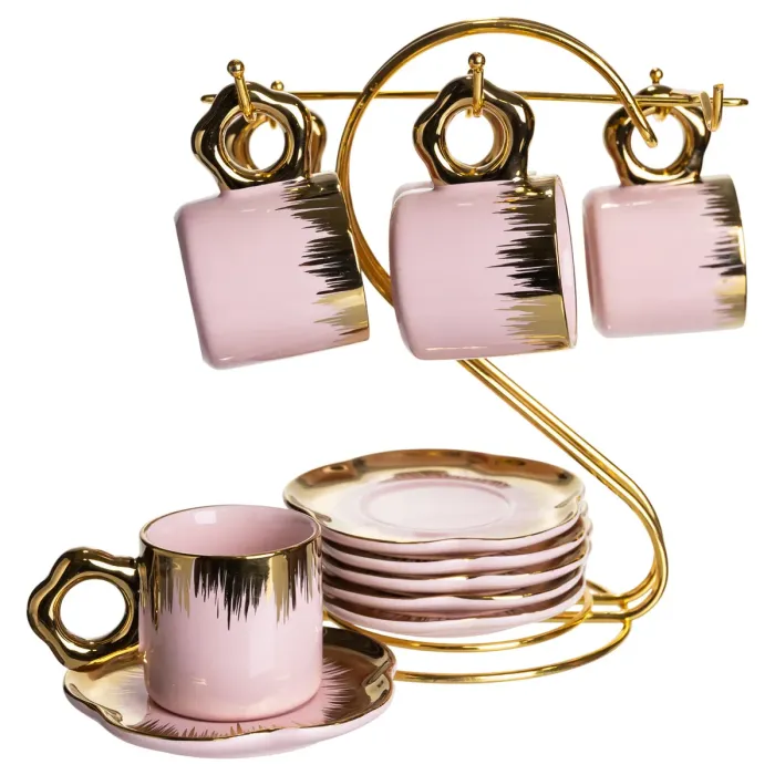 Набір чашок для кави на металевій підставці 6 (шт) по 100 (мл) подарунковий кавовий сервіз набір чашок Розовий із золотом FM-48 (FM-48) - зображення 2