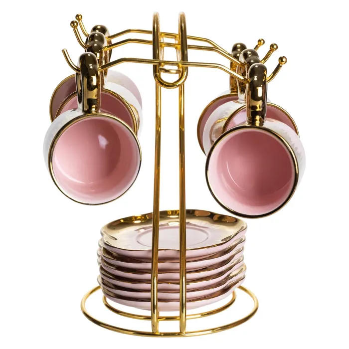 Набір чашок для кави на металевій підставці 6 (шт) по 100 (мл) подарунковий кавовий сервіз набір чашок Розовий із золотом FM-48 (FM-48) - зображення 3