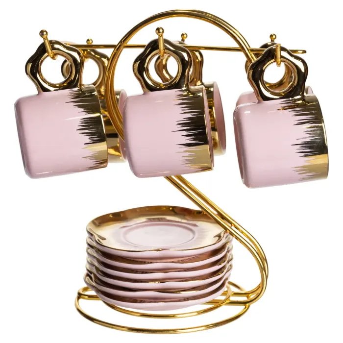 Набір чашок для кави на металевій підставці 6 (шт) по 100 (мл) подарунковий кавовий сервіз набір чашок Розовий із золотом FM-48 (FM-48) - зображення 4