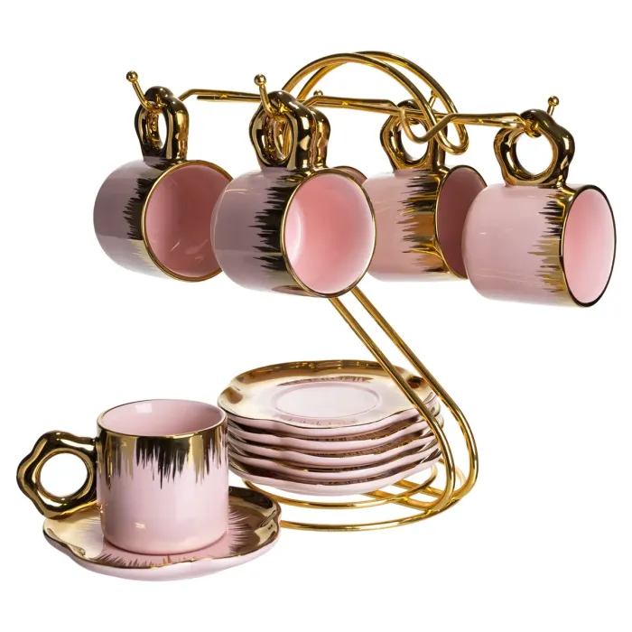 Набір чашок для кави на металевій підставці 6 (шт) по 100 (мл) подарунковий кавовий сервіз набір чашок Розовий із золотом FM-48 (FM-48) - зображення 5