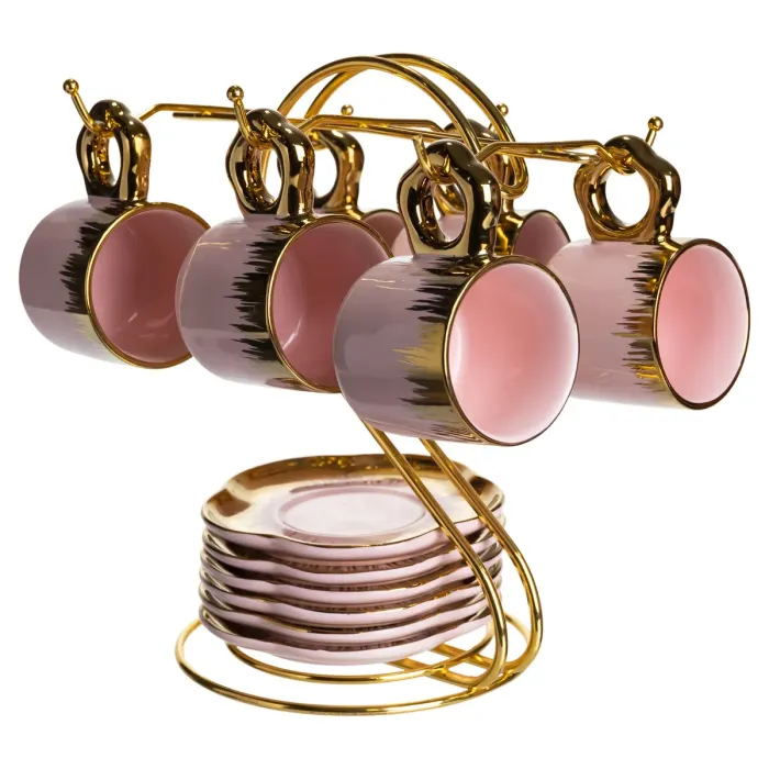 Набір чашок для кави на металевій підставці 6 (шт) по 100 (мл) подарунковий кавовий сервіз набір чашок Розовий із золотом FM-48 (FM-48) - зображення 6