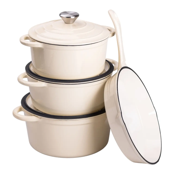 Набір чавунного посуду 1/2/3/4 л емальований 3 каструлі сковорода, комплект кухонного начиння для готування Бежевий HP-1-6-WHITE (HP-1-6-WHITE) - изображение 1