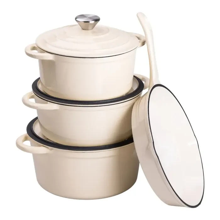 Набір чавунного посуду 1/2/3/4 л емальований 3 каструлі сковорода, комплект кухонного начиння для готування Бежевий HP-1-6-WHITE (HP-1-6-WHITE) - зображення 1
