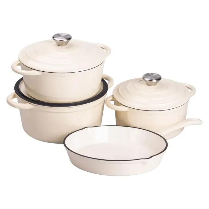 Набір чавунного посуду 1/2/3/4 л емальований 3 каструлі сковорода, комплект кухонного начиння для готування Бежевий HP-1-6-WHITE (HP-1-6-WHITE) - зображення 3