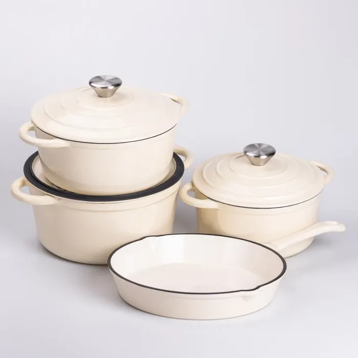 Набір чавунного посуду для приготування 3 каструлі та сковорода з емальованим покриттям Бежевий (HP-1-6) - изображение 1