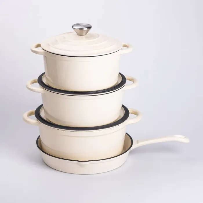 Набір чавунного посуду для приготування 3 каструлі та сковорода з емальованим покриттям Бежевий (HP-1-6) - изображение 3