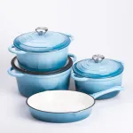 Набір чавунного посуду для приготування 3 каструлі та сковорода з емальованим покриттям Блакитний (HP-1-7)