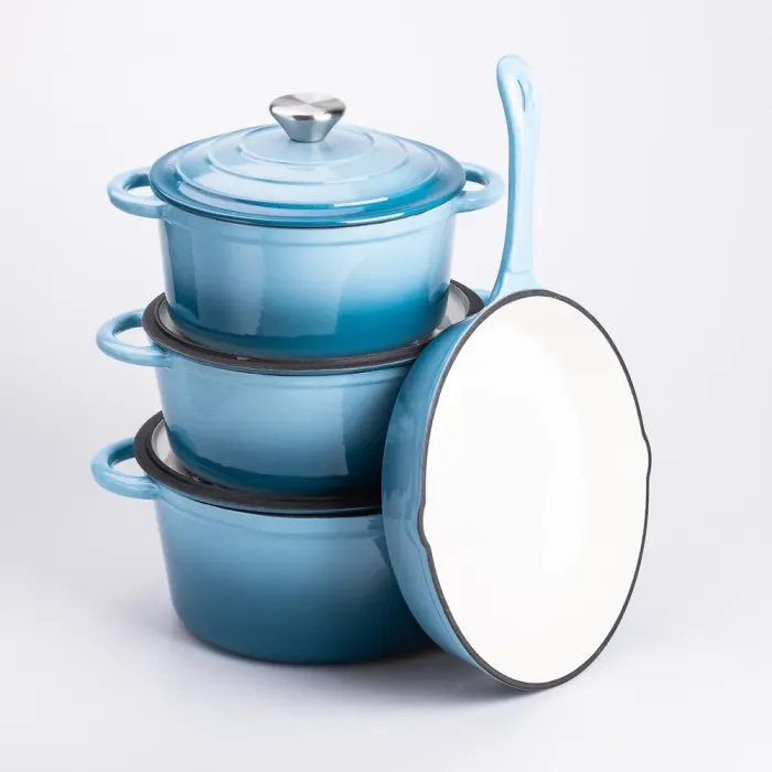 Набір чавунного посуду для приготування 3 каструлі та сковорода з емальованим покриттям Блакитний (HP-1-7) - изображение 2