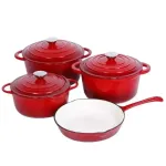 Набір чавунного посуду для приготування 3 каструлі та сковорода з емальованим покриттям Червоний (HP-1-4)