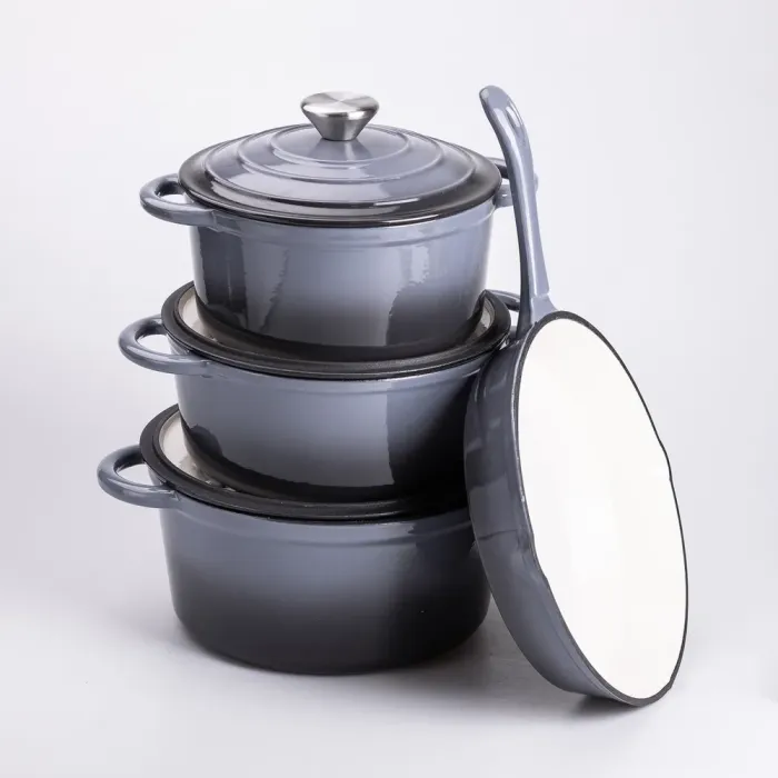 Набір чавунного посуду для приготування 3 каструлі та сковорода з емальованим покриттям Сірий HP-1-5 (HP-1-5) - изображение 2