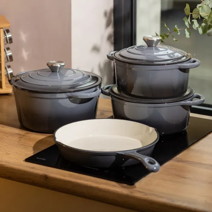 Набір чавунного посуду для приготування 3 каструлі та сковорода з емальованим покриттям Сірий HP-1-5 (HP-1-5) - изображение 9