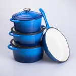 Набір чавунного посуду для приготування 3 каструлі та сковорода з емальованим покриттям Синій (HP-1-8)