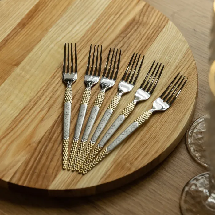Набір десертних виделок 6 штук виделки десертні з нержавіючої сталі 15.5 см Срібло з золотом (HP-20-40) - изображение 5