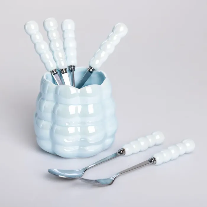 Набір десертних виделок і ложок на 3 персони з підставкою з кераміки 7 предметів Блакитний (HP-20-57) - зображення 1