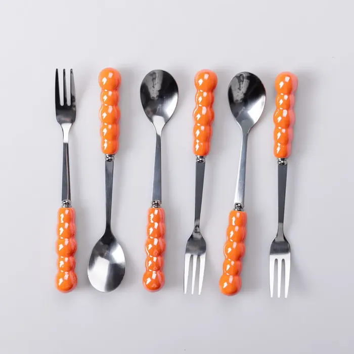 Набір десертних виделок і ложок на 3 персони з підставкою з кераміки 7 предметів Помаранчевий (HP-20-60) - изображение 4