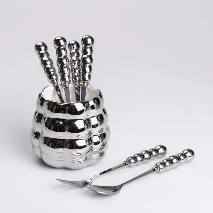 Набір десертних виделок і ложок на 3 персони з підставкою з кераміки 7 предметів Сірий (HP-20-61) - зображення 1