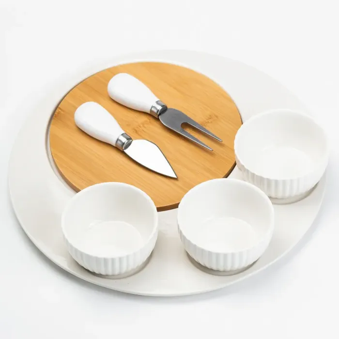 Набор для нарезки сыра 29 см керамическая тарелка, нож, вилка, 3 пиала, деревянная доска (HP1212) - изображение 2