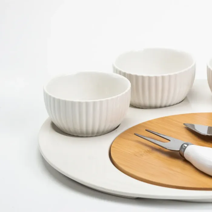 Набор для нарезки сыра 29 см керамическая тарелка, нож, вилка, 3 пиала, деревянная доска (HP1212) - изображение 4