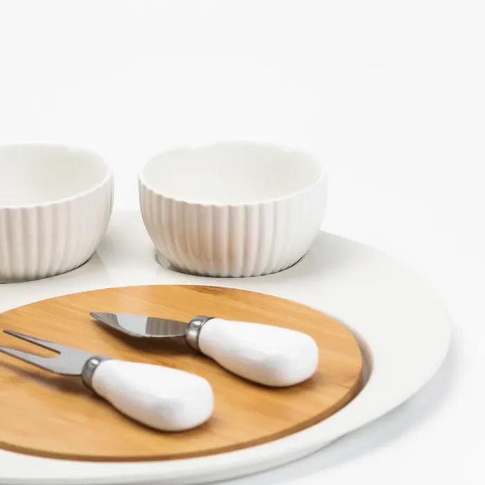 Набор для нарезки сыра 29 см керамическая тарелка, нож, вилка, 3 пиала, деревянная доска (HP1212) - изображение 6